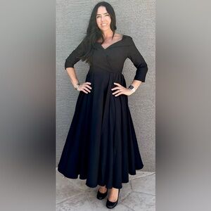 NWT FEHAUTE Black Ponte Pleated Ruched 3/4 Sleeve A-Line Maxi Dress